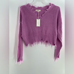 NO COMMENT DISTRESSED PURPLE V-NECK SWEATER LARGE NEW
